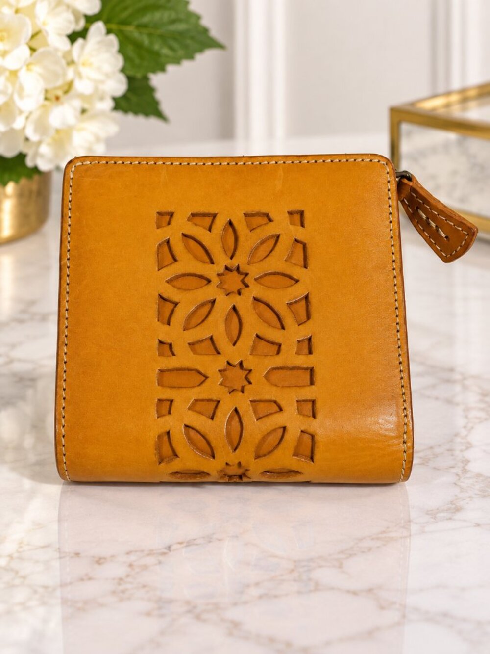 Genten Yellow Leather Coin Purse Wallet – Floral Cutout Zip Around - 4x3.75''